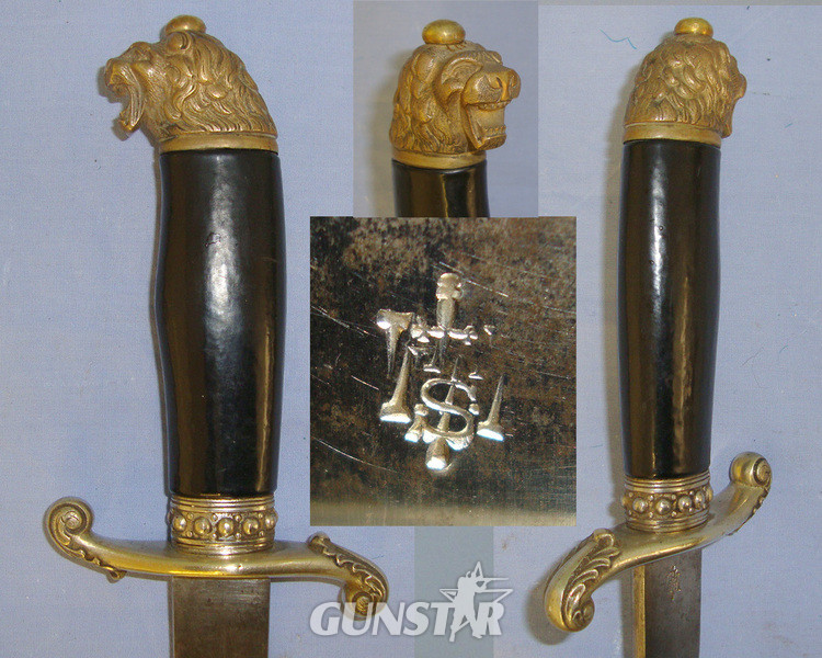 Victorian Era English Form Boar / Deer Hunting Dagger / Sidearm With German Made Alexander Coppel GmbH (Alcoso), Solingen Blade, Polished Horn Hilt, Brass Lion’s Head Pommel & Scabbard Hunting Knive