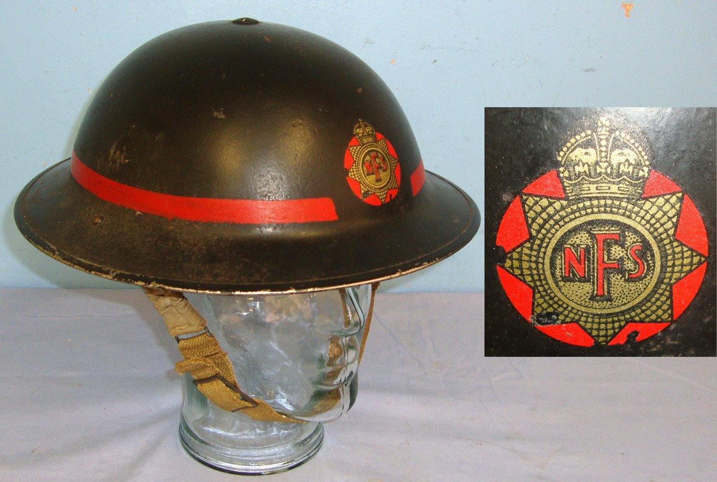 WW2 Era Home Front, National Fire Service (NFS) Tommy Helmet Marked With Liner & Chinstrap. Sn 22854  Antique & Militaria