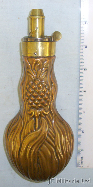 19th Century Gun Size Copper & Brass Foliage & Pineapple Design Black Powder Flask With Graduated, Sprung Brass Nozzl Magazine in 