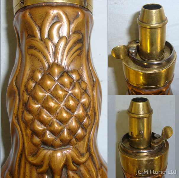 19th Century Gun Size Copper & Brass Foliage & Pineapple Design Black Powder Flask With Graduated, Sprung Brass Nozzl Magazine