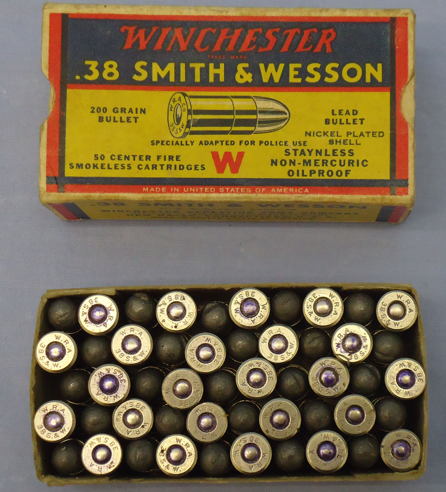 Winchester DEACTIVATED INERT. American Winchester Police Ammunition, c.1939, Carton of 50 Rounds Of .38 Smith & Wesson Cartridges. - O 2042  Other Ammunition - {CATEGORY}