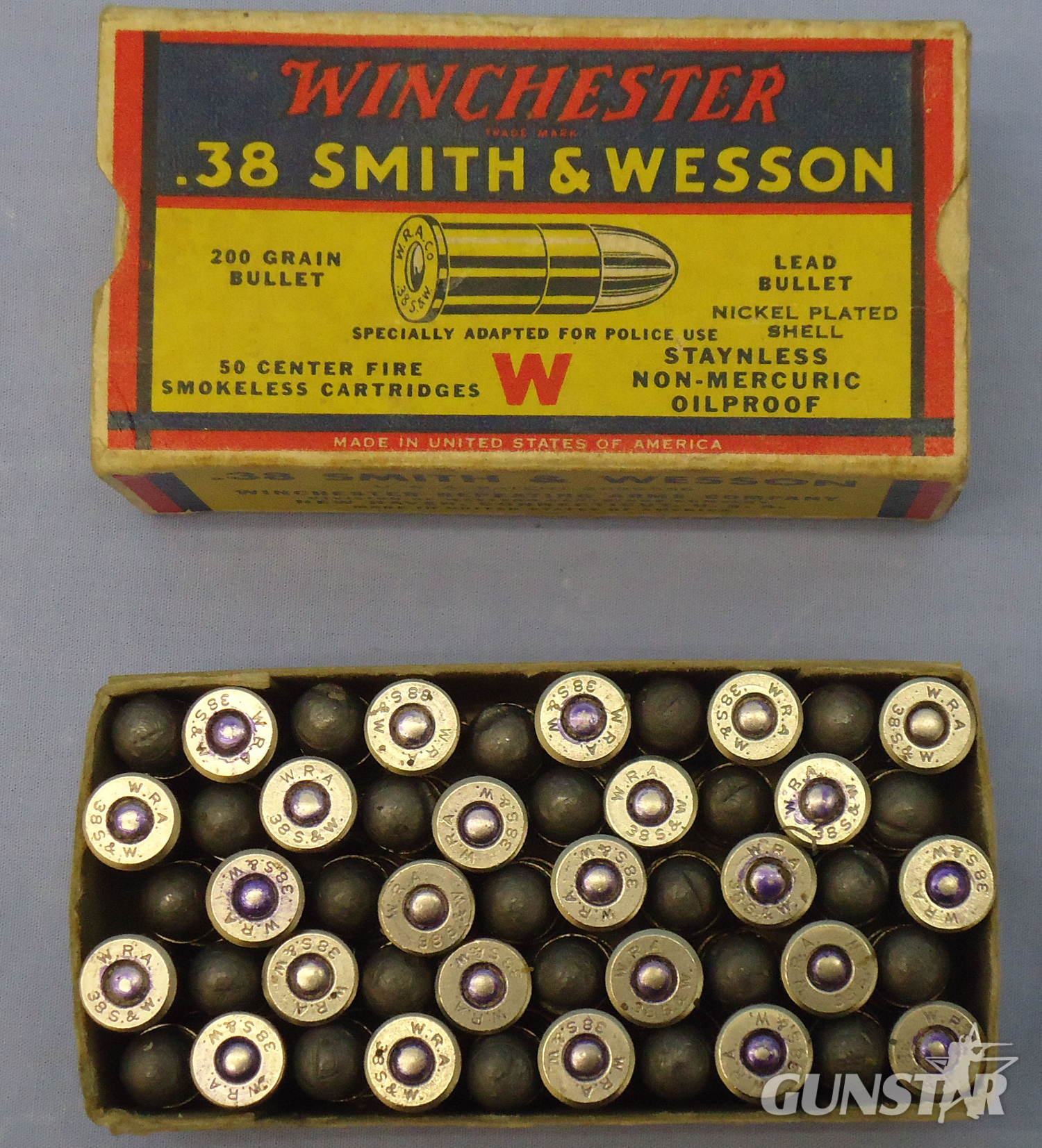 Winchester DEACTIVATED INERT. American Winchester Police Ammunition, c.1939, Carton of 50 Rounds Of .38 Smith & Wesson Cartridges. - O 2042  Other Ammunition - {CATEGORY}