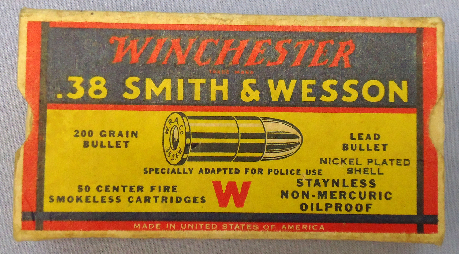 {CATEGORY} - Winchester DEACTIVATED INERT. American Winchester Police Ammunition, c.1939, Carton of 50 Rounds Of .38 Smith & Wesson Cartridges. - O 2042  Other Ammunition in 