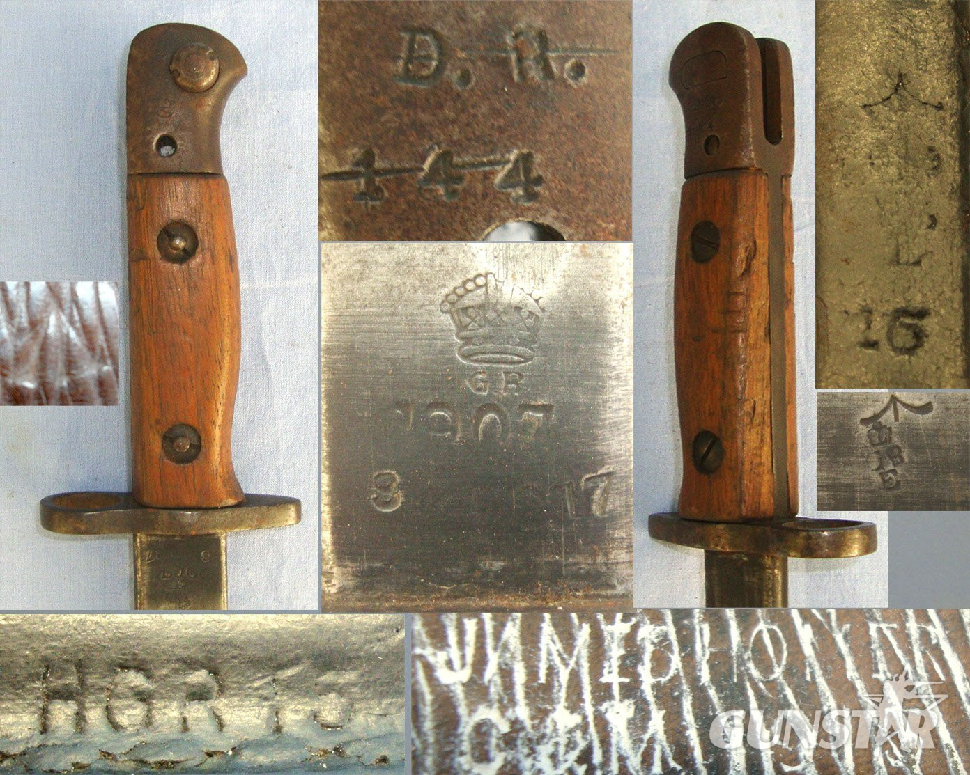WW1 British WD 1917 Wilkinson Pattern 1907 Sword Bayonet Regiment Marked D.R, WD 1915 Scabbard By HGR & Rare WD 1915 Dated Pattern 1914 Leather Frog By James Homer C&M. BAYO 204 Bayonet