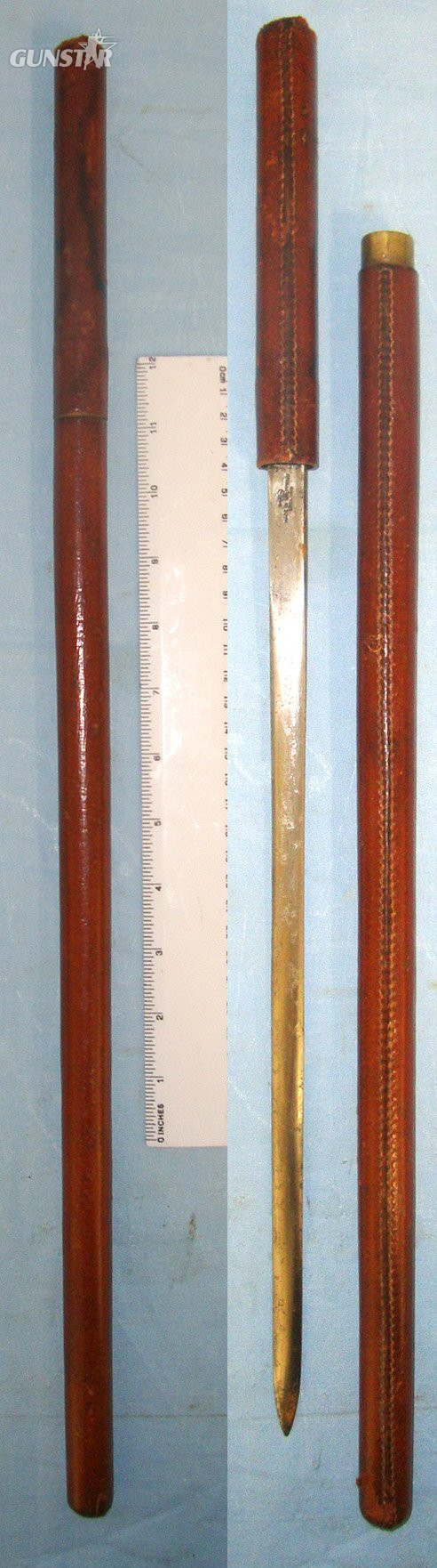 WW1 Era British Officer’s Brown Leather Bound Swagger Sword Stick With Ibberson Sheffield ‘Stradivarius Violin’ Trademark Blade. Sn 22426:27 Sword