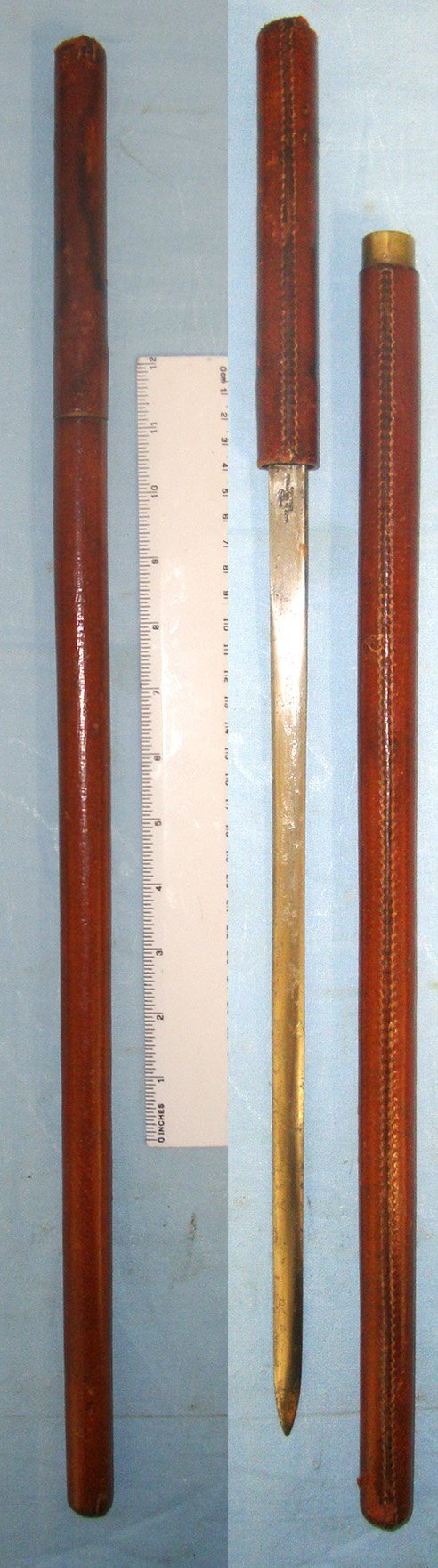 WW1 Era British Officer’s Brown Leather Bound Swagger Sword Stick With Ibberson Sheffield ‘Stradivarius Violin’ Trademark Blade. Sn 22426:27 Sword