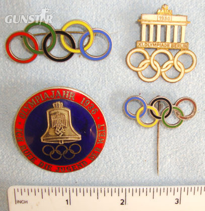 1936 Nazi Germany Olympic Games Enamelled Lapel Pin Badges With Nazi Quality Ins Original Collection Of 4, 1936 Nazi Germany Olympic Games Enamelled Lapel Pin Ba Other Accessory in 