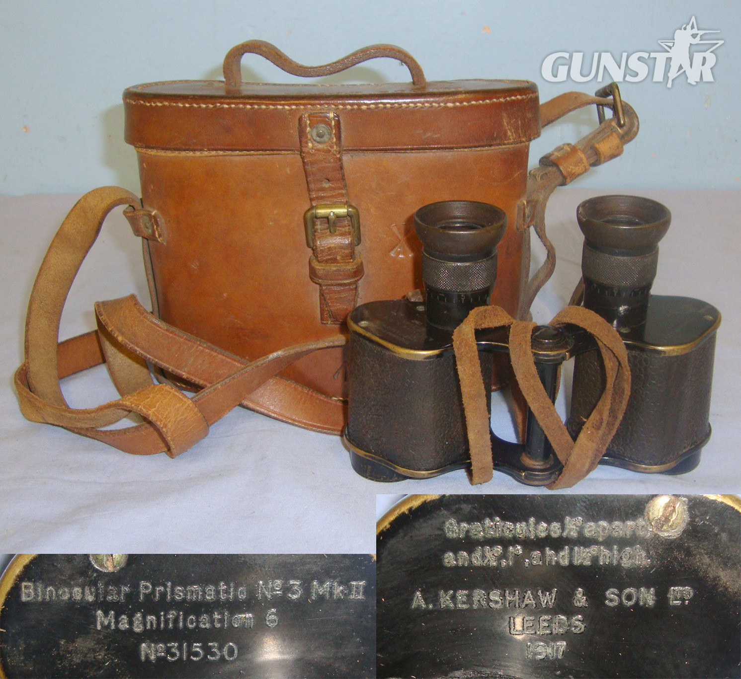 WW1 1917 British WD Kershaw & Son Ltd Leeds No3 MK II, 6X Magnification Prismatic Binoculars With WD 1916 No2 Leather Case By JAJ & Co. OPT 802  Sight & Optic in 