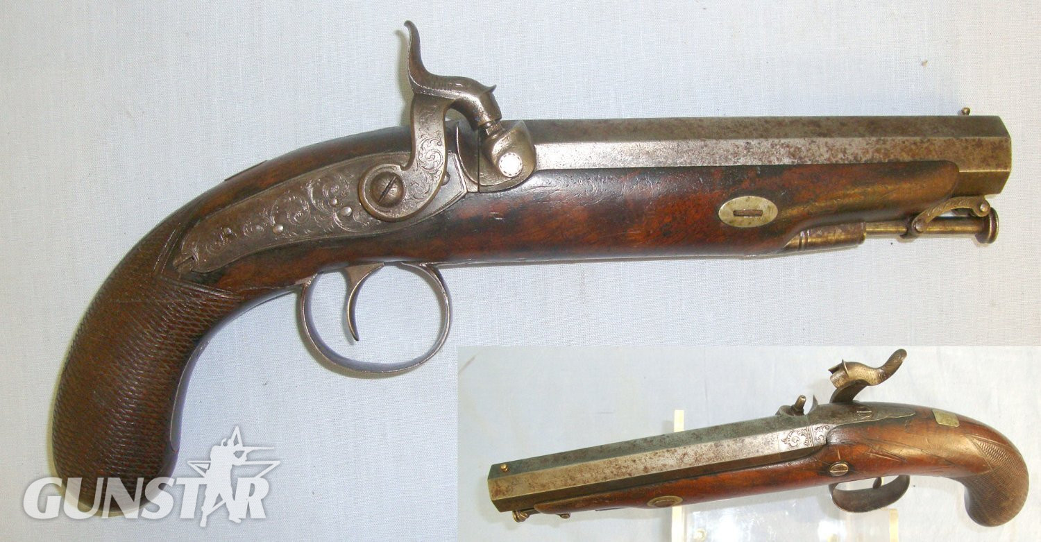 C1840 Durs Egg London 18 Bore Percussion Traveling Pistol With Octagonal Steel Barrel, Walnut Full Stock & Captive Steel Ram Rod. Sn 19213 percussion pistol None Muzzleloader in 
