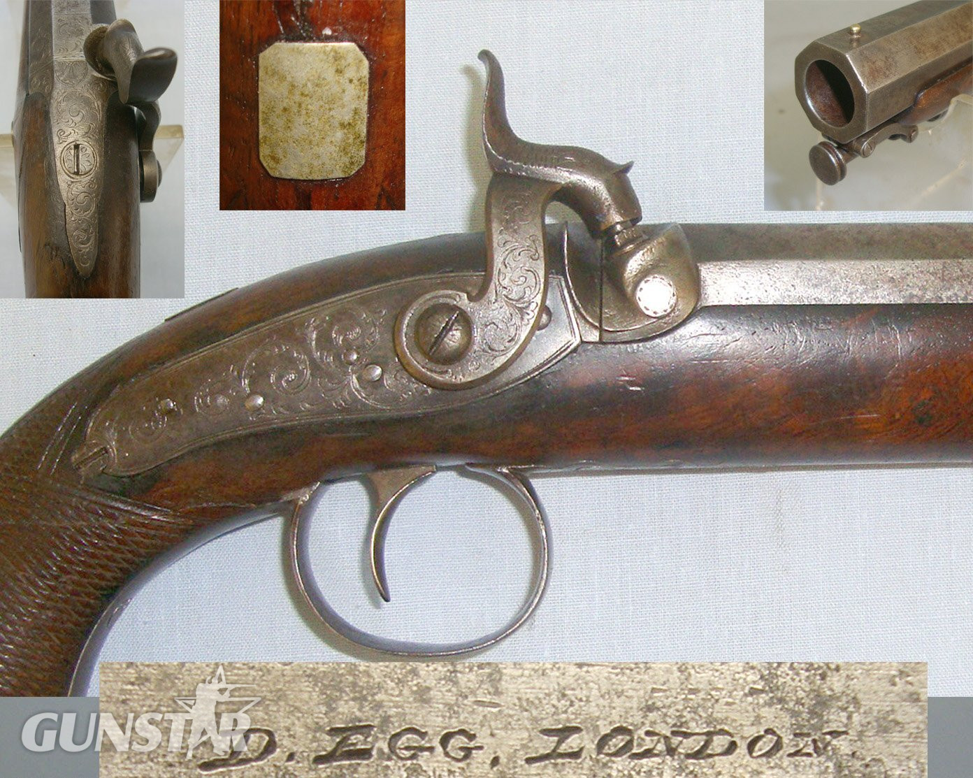 C1840 Durs Egg London 18 Bore Percussion Traveling Pistol With Octagonal Steel Barrel, Walnut Full Stock & Captive Steel Ram Rod. Sn 19213 percussion pistol None Muzzleloader