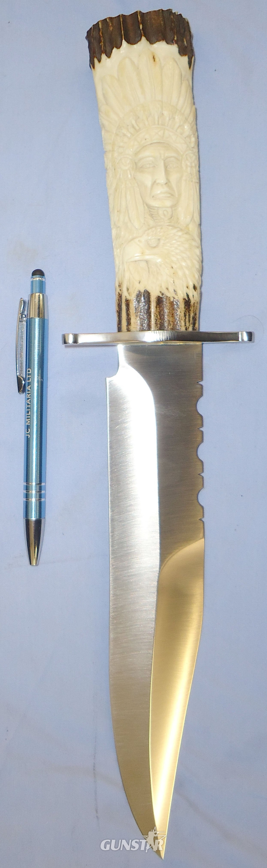 Handmade* Glenn Avaritt Custom Made Bowie with Carved Stag Antler Indian Chief/Eagle/Bear Handle. 22496. Hunting Knive in 