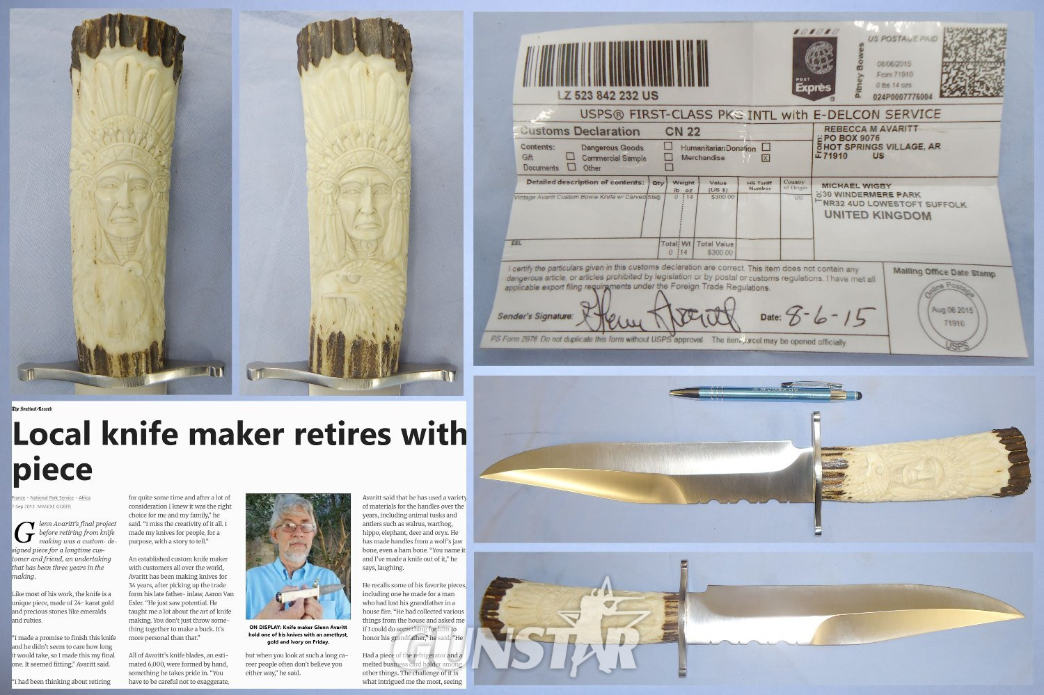 Handmade* Glenn Avaritt Custom Made Bowie with Carved Stag Antler Indian Chief/Eagle/Bear Handle. 22496. Hunting Knive