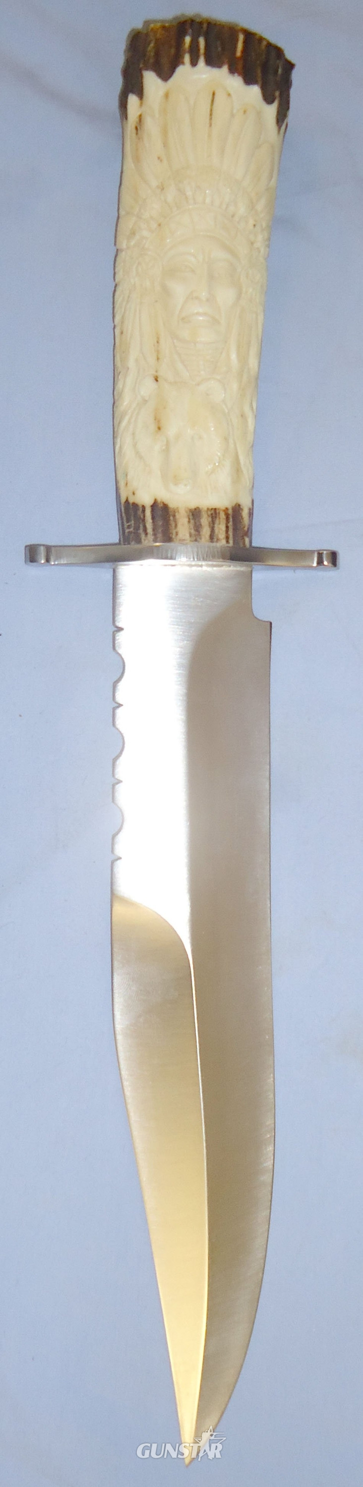  Handmade* Glenn Avaritt Custom Made Bowie with Carved Stag Antler Indian Chief/Eagle/Bear Handle. 22496. Hunting Knive
