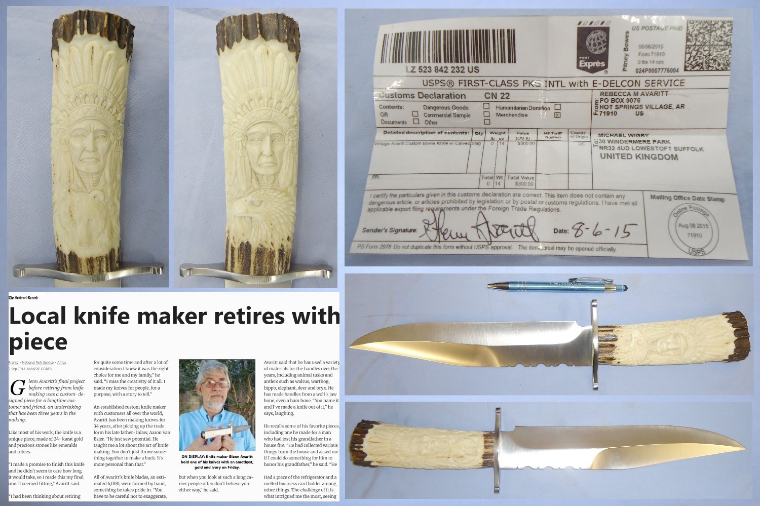 Handmade* Glenn Avaritt Custom Made Bowie with Carved Stag Antler Indian Chief/Eagle/Bear Handle. 22496. Hunting Knive