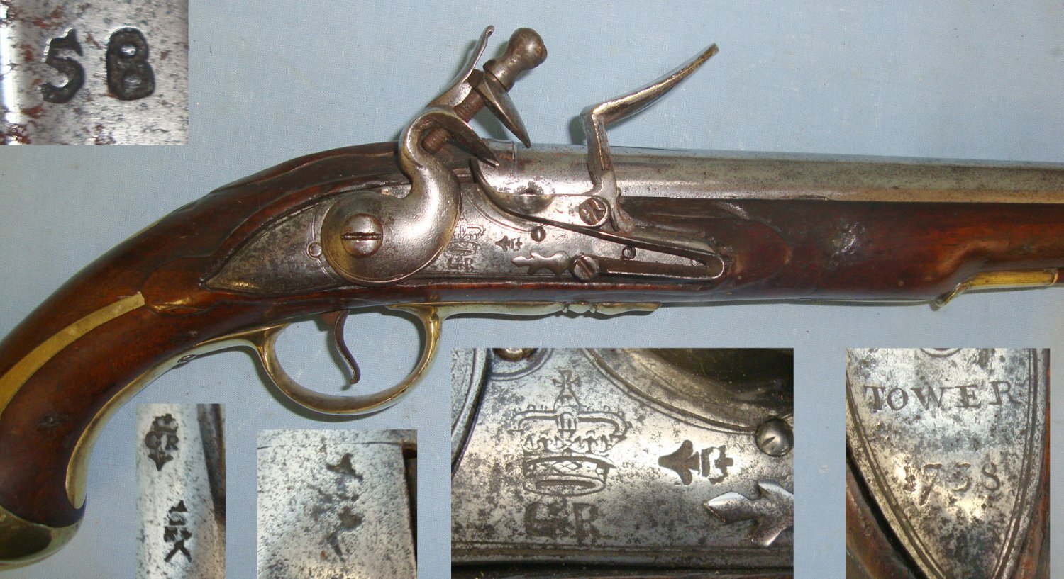 RARE**NAPOLEONIC WARS ERA**1758 Dated Georgian British Enfield Tower Pattern 1756 / 81 Land Service .650 Carbine Calibre Flintlock Heavy Dragoon Pistol With Regulation Brass Fittings. Sn 22583:1 flintlock .65 Cal Muzzleloader Muzzleloader