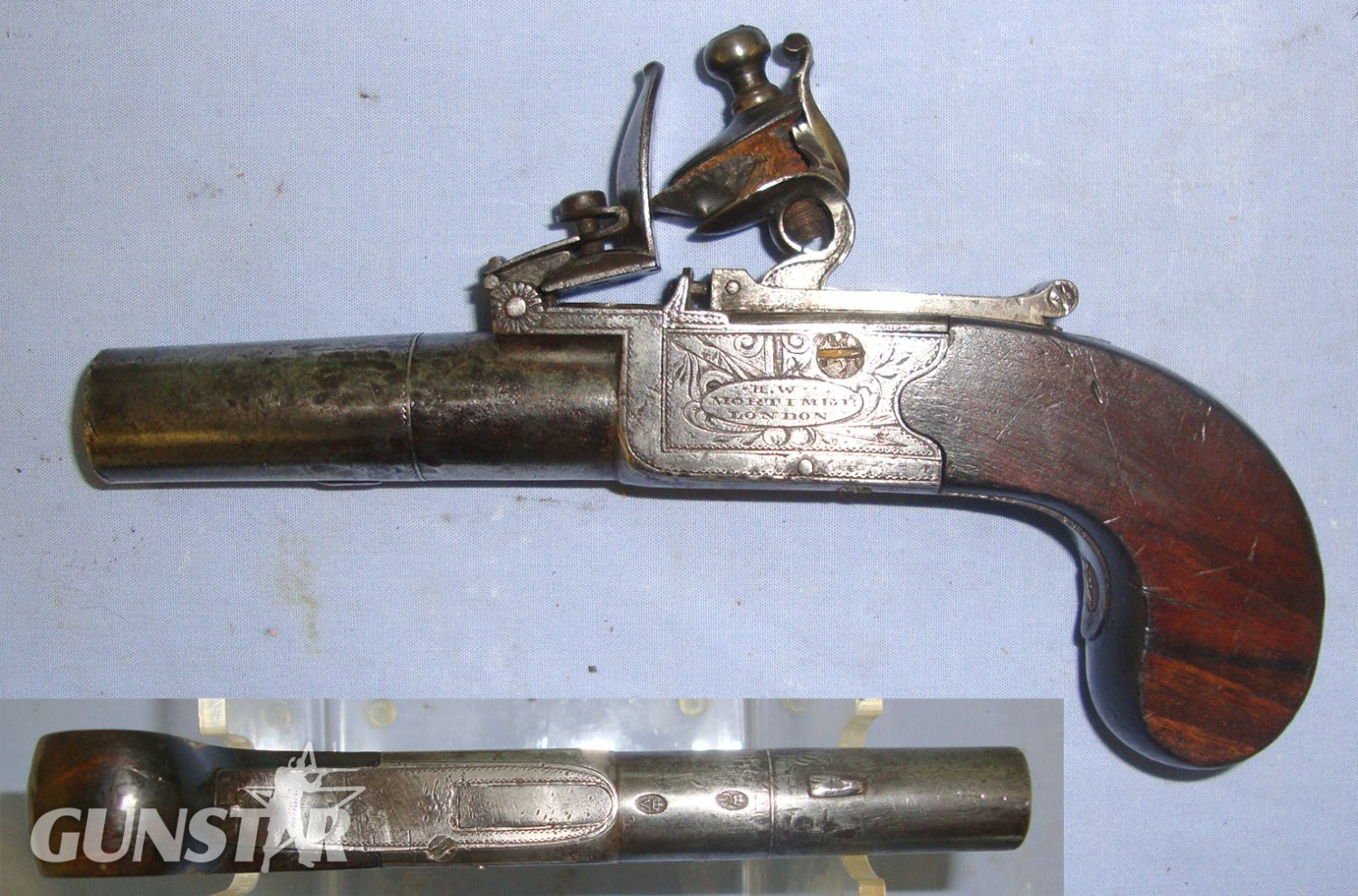  1753-Early 1800’s English Mortimer London Gunmaker To His Majesty 38 Bore Flintlock Pocket Pistol With Sliding Safety Bolt & Screw Off Barrel. Sn 22693 .38 Muzzleloader