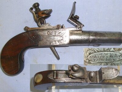 1753-Early 1800’s English Mortimer London Gunmaker To His Majesty 38 Bore Flintlock Pocket Pistol With Sliding Safety Bolt & Screw Off Barrel. Sn 22693 .38 Muzzleloader