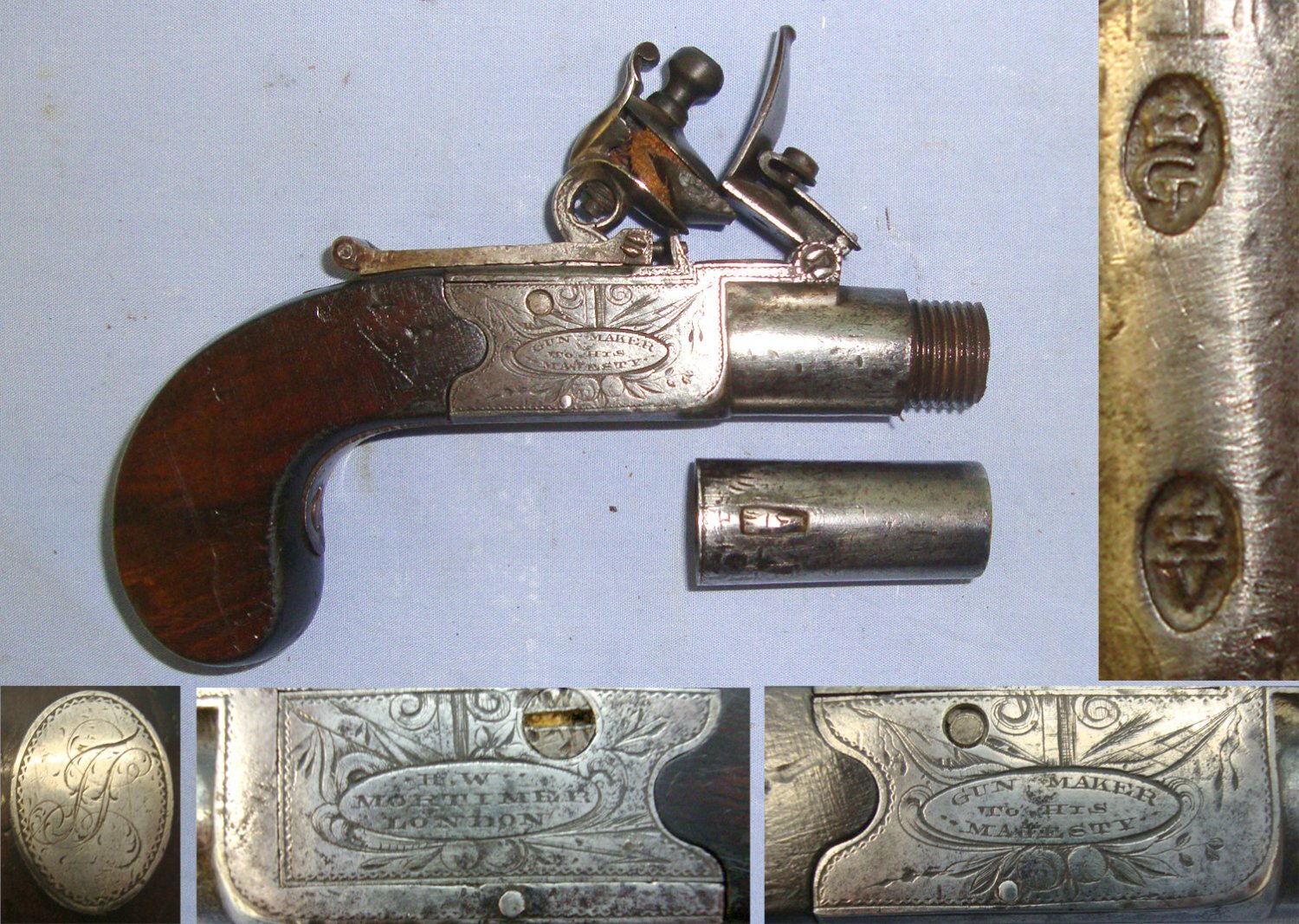 1753-Early 1800’s English Mortimer London Gunmaker To His Majesty 38 Bore Flintlock Pocket Pistol With Sliding Safety Bolt & Screw Off Barrel. Sn 22693 .38 Muzzleloader