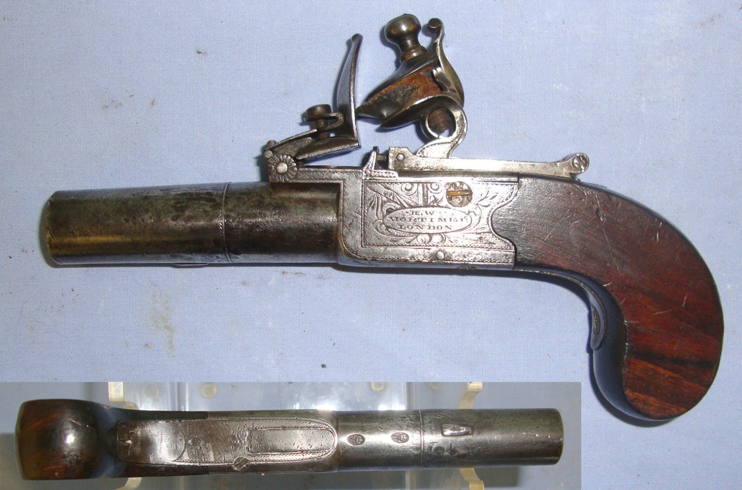  1753-Early 1800’s English Mortimer London Gunmaker To His Majesty 38 Bore Flintlock Pocket Pistol With Sliding Safety Bolt & Screw Off Barrel. Sn 22693 .38 Muzzleloader