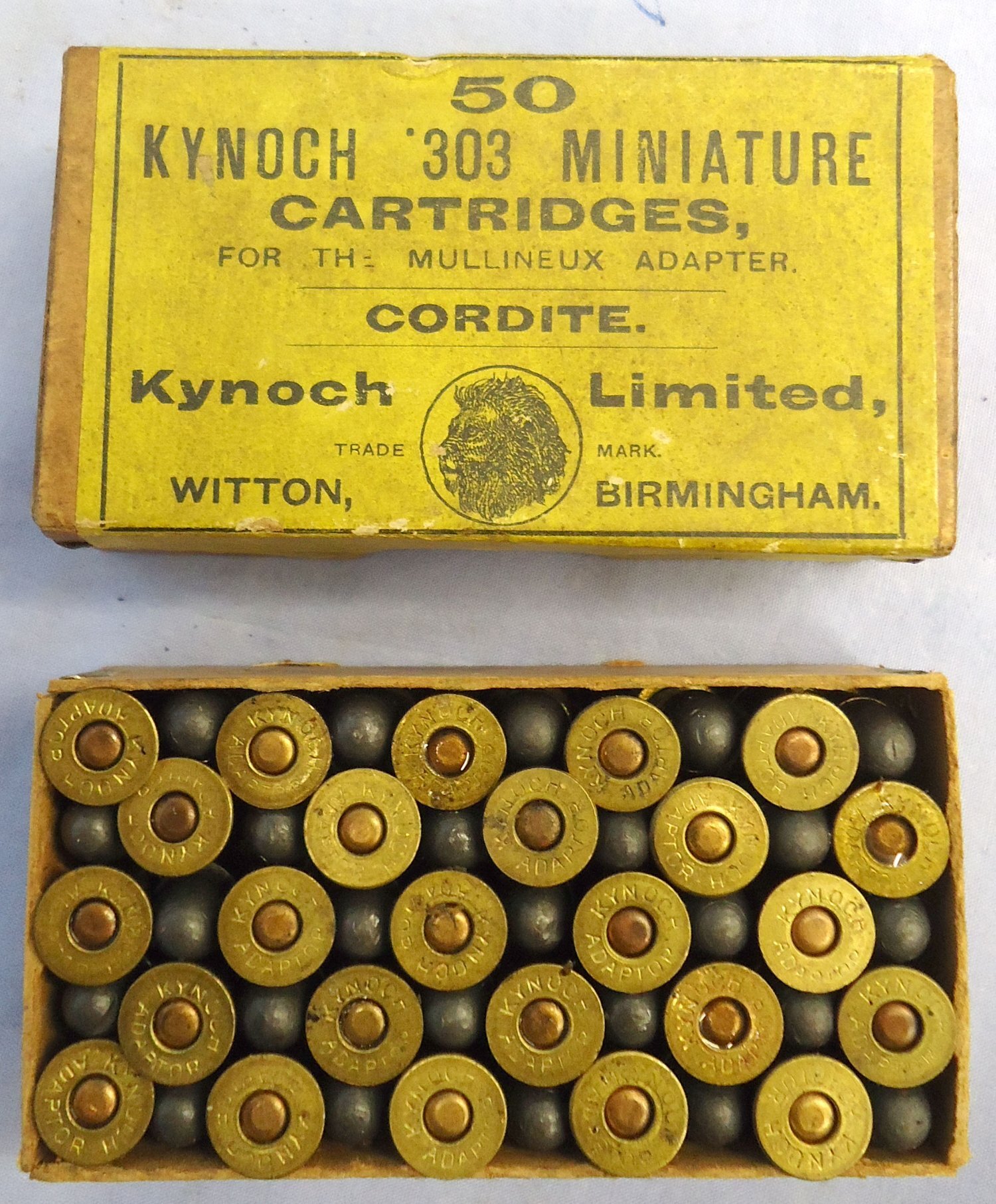 British, Kynoch Box of 50 Unfired .303 Miniature Mullineux Adaptor Cartridges Cartridges. Sn - 22787:1922787:19 British, Kynoch Box of 50 Unfired .303 Miniature Mullineux Adaptor Cartridges Cartridges. Sn - 22787:19 Various Other Ammunition - {CATEGORY}
