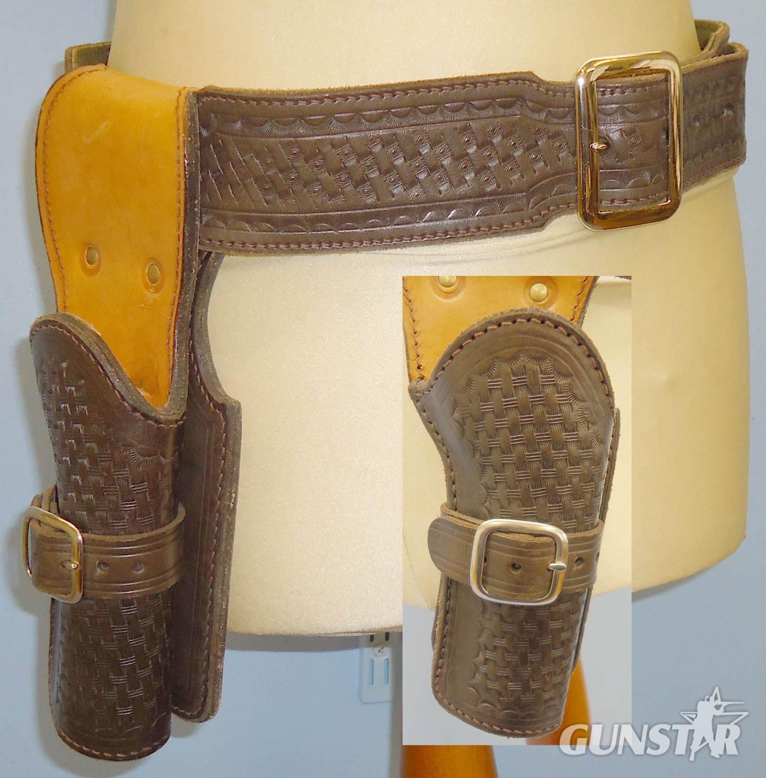 Quality Thick Hand-tooled Dark Brown Leather Western Rig in a \'Basket Weave\' Pattern L 277. Quality Thick Hand-tooled Dark Brown Leather Western Rig in a 'Basket Weave' Pattern L 277.  Antique & Militaria in 