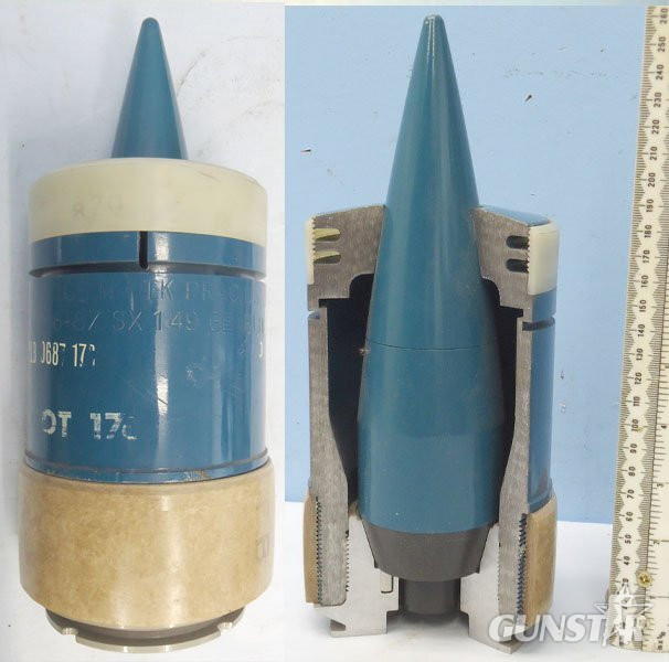 DEACTIVATED INERT. MINT. British, Quarter Sectioned 105mm (105x617R) APDS/T (Armour Piercing, Discarding Sabot/Trace) Practice Projectile. - O 2277 DEACTIVATED INERT. MINT. British, Quarter Sectioned 105mm (105x617R) APDS/T (Armour Piercing, Discarding Sabot/Trace) Practice Projectile. - O 2277  Other Ammunition in 