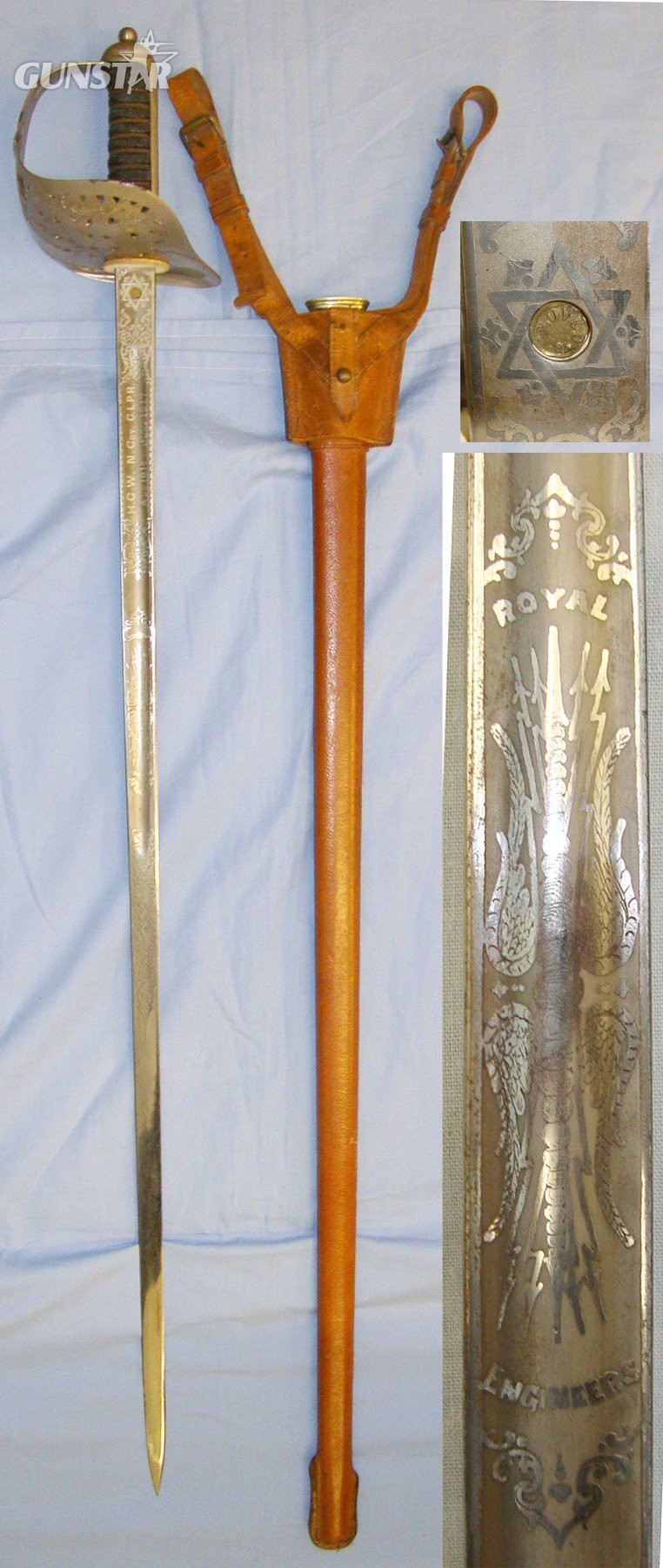 ATTRIBUTED** WWI British George V Royal Engineers Officer’s 1897 Pattern with Etched Blade Inscribed ‘HCW N Coy CLPR Aug 1914 to June 1917’ Blade No. 02551 Field Service Scabbard & Frog. Sn 19845. Sword in 
