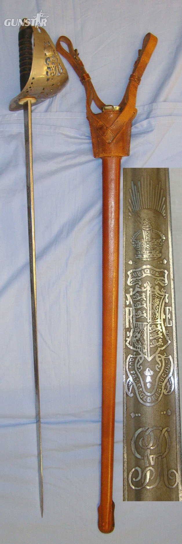  ATTRIBUTED** WWI British George V Royal Engineers Officer’s 1897 Pattern with Etched Blade Inscribed ‘HCW N Coy CLPR Aug 1914 to June 1917’ Blade No. 02551 Field Service Scabbard & Frog. Sn 19845. Sword