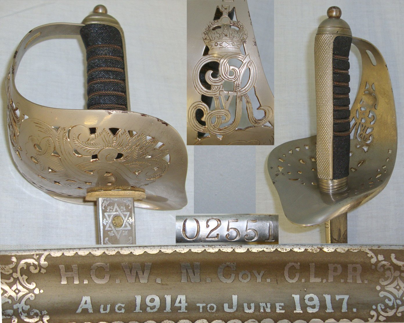 ATTRIBUTED** WWI British George V Royal Engineers Officer’s 1897 Pattern with Etched Blade Inscribed ‘HCW N Coy CLPR Aug 1914 to June 1917’ Blade No. 02551 Field Service Scabbard & Frog. Sn 19845. Sword