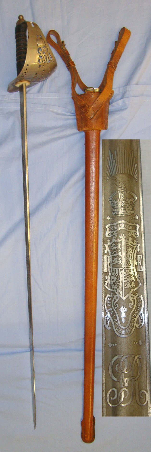  ATTRIBUTED** WWI British George V Royal Engineers Officer’s 1897 Pattern with Etched Blade Inscribed ‘HCW N Coy CLPR Aug 1914 to June 1917’ Blade No. 02551 Field Service Scabbard & Frog. Sn 19845. Sword