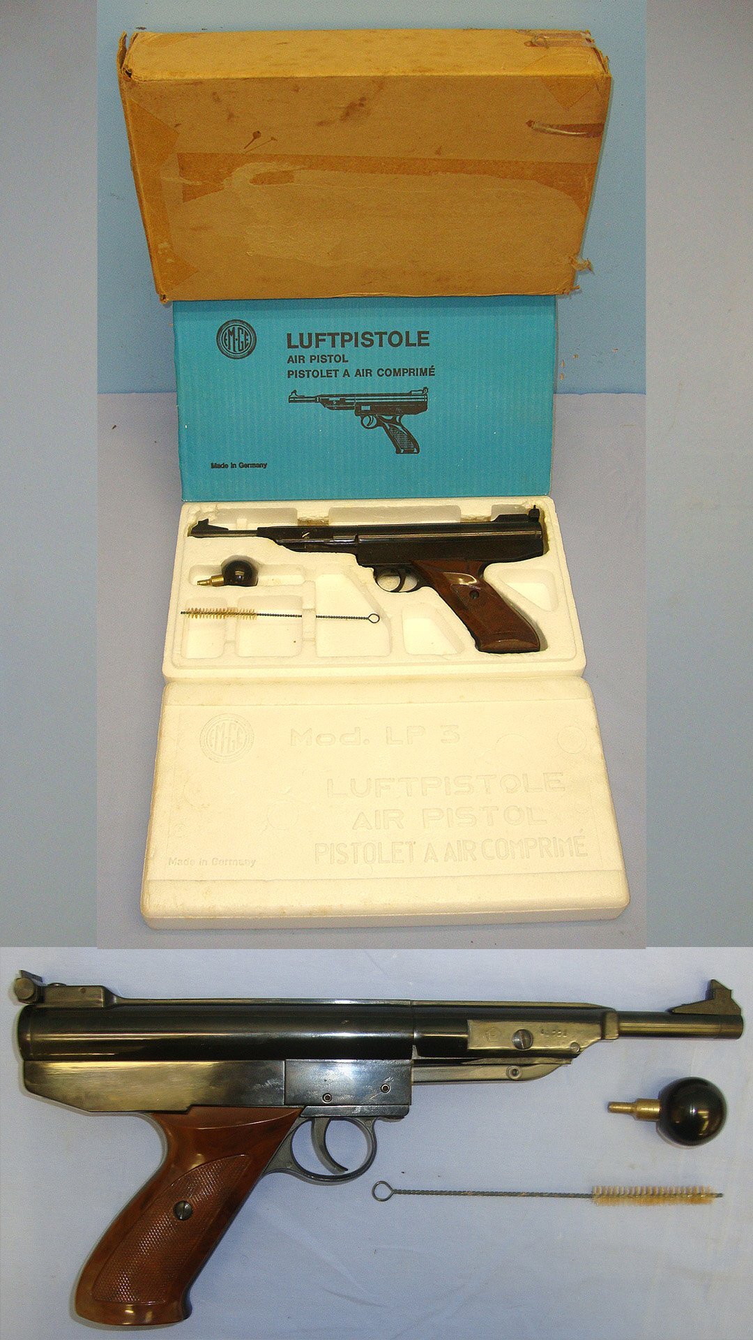 Boxed**Mint, Post 1950's West German Gerstenberger & Eberwein, EM-GE Model LP3a, .177 Calibre 'Break Action' Air Pistol With Cocking Aid & Cleaning Brush. Sn 23692:2 air pistol .177 in 