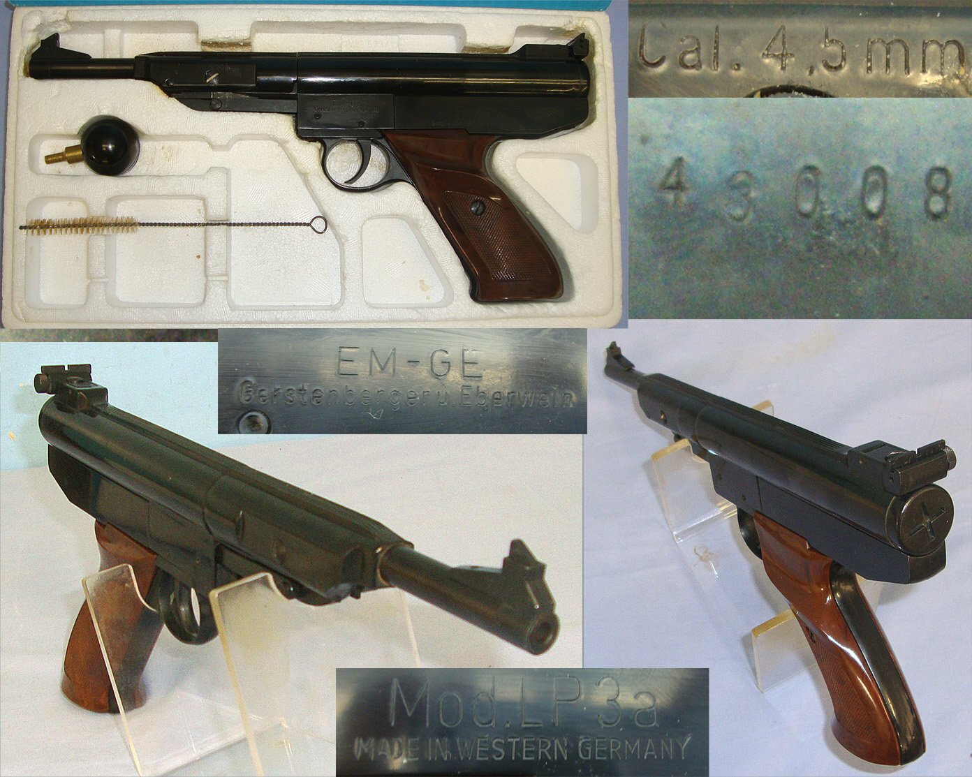 Boxed**Mint, Post 1950's West German Gerstenberger & Eberwein, EM-GE Model LP3a, .177 Calibre 'Break Action' Air Pistol With Cocking Aid & Cleaning Brush. Sn 23692:2 air pistol .177