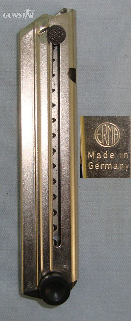 Post WW2 German ERMA 8 Round Magazine For German Luger PO 8, 9mm Parabellum Semi Automatic Pistols With Plastic Butt Toggle. D 6038  Magazine in 