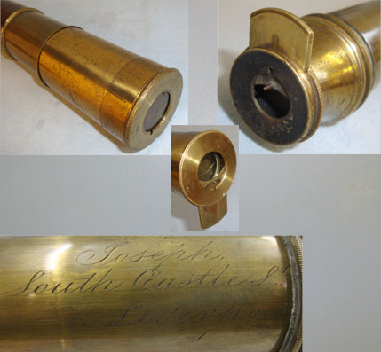  Joseph South, Castle St., Liverpool 3 Draw Leather Bound Brass Telescope With Extending Sun Visor Cover. Sight & Optic