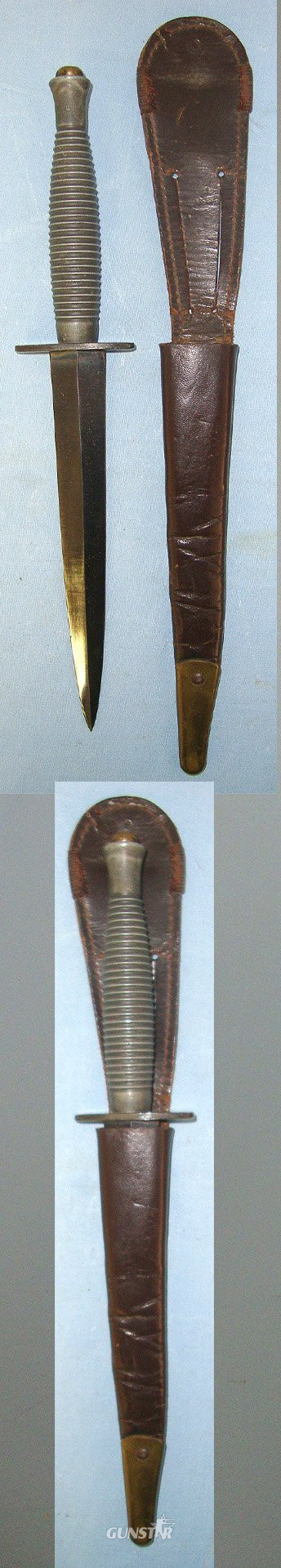 BRITISH WARTIME STOCK EXPORT TO USA FOR ISSUE TO AIRBORNE & RANGERS**WW2 Era British Alloy Hilt 3rd Pattern Fairbairn Sykes FS Commando Fighting Knife With Number 2 Mould Mark & Cross Guard Stamped ‘England’ & Scabbard. ED 3051 Knive in 