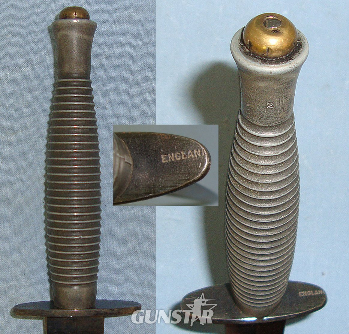 BRITISH WARTIME STOCK EXPORT TO USA FOR ISSUE TO AIRBORNE & RANGERS**WW2 Era British Alloy Hilt 3rd Pattern Fairbairn Sykes FS Commando Fighting Knife With Number 2 Mould Mark & Cross Guard Stamped ‘England’ & Scabbard. ED 3051 Knive
