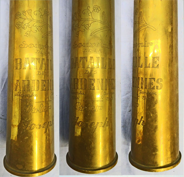  INERT DEACTIVATED. American WW2, 1945 Dated Trench Art ‘Battle of the Ardennes’ 57mm (57x441R) Anti-Tank Gun Fired Cartridge Case. - O 1830 INERT DEACTIVATED. American WW2, 1945 Dated Trench Art ‘Battle of the Ardennes’ 57mm (57x441R) Anti-Tank Gun Fired Cartridge Case. - O 1830  Other Ammunition