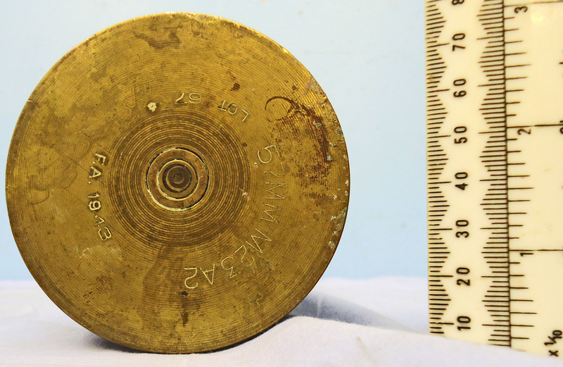 {CATEGORY} - INERT DEACTIVATED. American WW2, 1945 Dated Trench Art ‘Battle of the Ardennes’ 57mm (57x441R) Anti-Tank Gun Fired Cartridge Case. - O 1830 INERT DEACTIVATED. American WW2, 1945 Dated Trench Art ‘Battle of the Ardennes’ 57mm (57x441R) Anti-Tank Gun Fired Cartridge Case. - O 1830  Other Ammunition