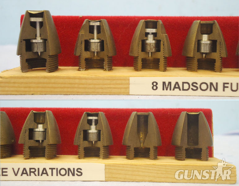 INERT DEACTIVATED. Set of 8 Variations Of ¼ Sectioned Noses Fuses For The 20 mm Madsen Anti Aircraft Gun. Sn - 20570 INERT DEACTIVATED. Set of 8 Variations Of ¼ Sectioned Noses Fuses For The 20 mm Madsen Anti Aircraft Gun. Sn - 20570  Other Ammunition