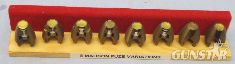  INERT DEACTIVATED. Set of 8 Variations Of ¼ Sectioned Noses Fuses For The 20 mm Madsen Anti Aircraft Gun. Sn - 20570 INERT DEACTIVATED. Set of 8 Variations Of ¼ Sectioned Noses Fuses For The 20 mm Madsen Anti Aircraft Gun. Sn - 20570  Other Ammunition