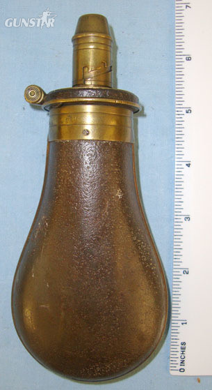 Syke\'s Patent Pear Shaped Iron Black Powder Flask With Graduated, Sprung Brass Nozzle Other Accessory in 