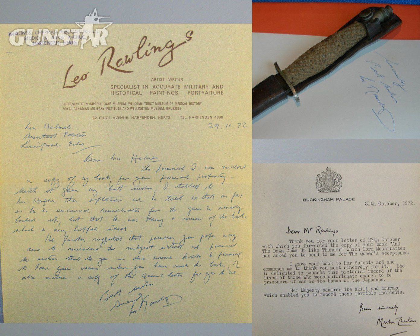  UNIQUE**GIFTED TO WW2 BRITISH JAPANESE POW LEO RAWLINGS BY HIS LIBERATOR**1st Pattern Wilkinson FS Commando Fighting Knife With Double Etched Panels & Scabbard His Signed Book ‘And Dawn Came Up Like Thunder’ An Account Of POW Experience & Provenance.  Knive