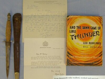 UNIQUE**GIFTED TO WW2 BRITISH JAPANESE POW LEO RAWLINGS BY HIS LIBERATOR**1st Pattern Wilkinson FS Commando Fighting Knife With Double Etched Panels & Scabbard His Signed Book ‘And Dawn Came Up Like Thunder’ An Account Of POW Experience & Provenance.  Knive