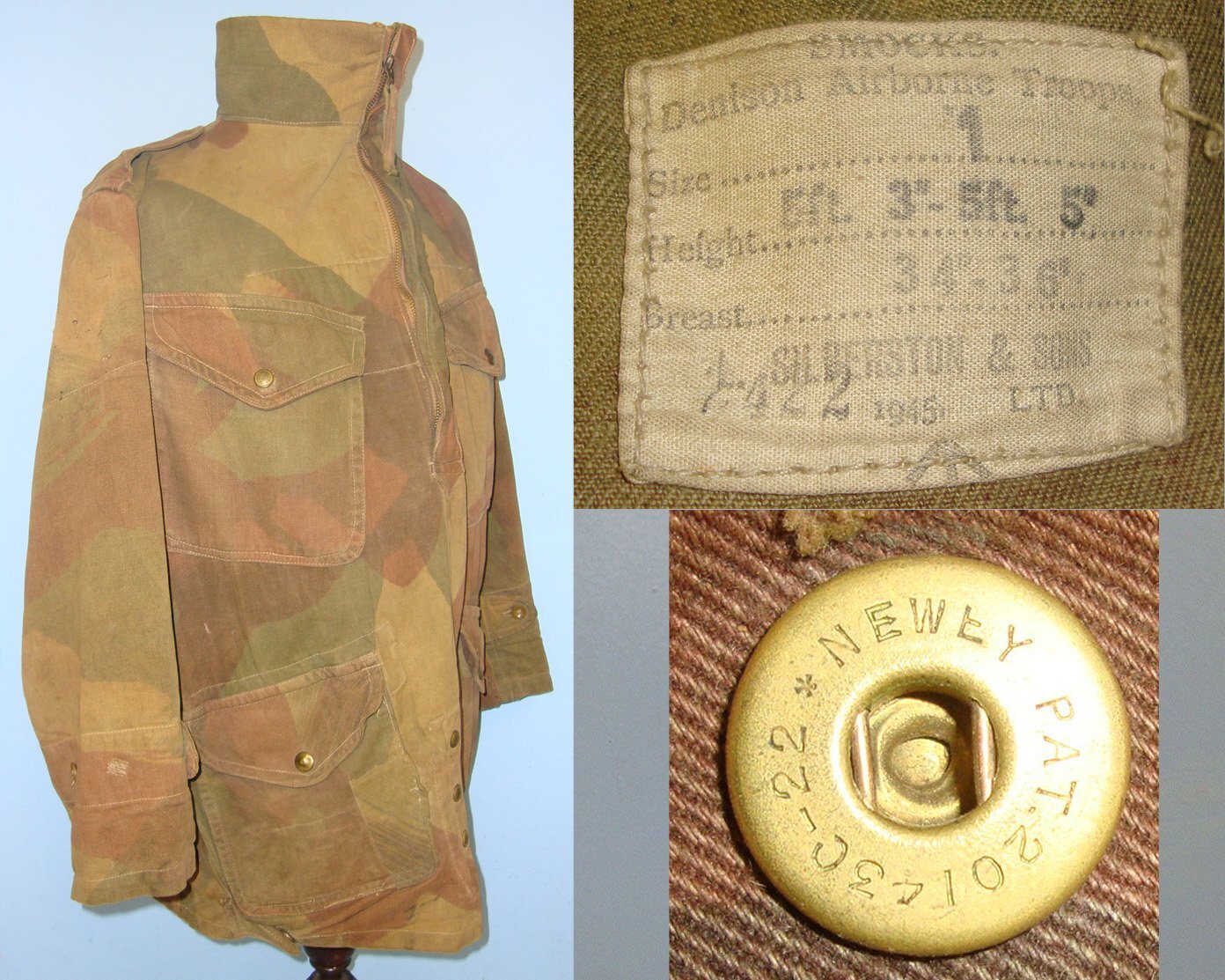 WW2 1945 British WD Airborne Paratrooper’s Camouflaged Denison Smock With Correct \'Half Zip\' Fastener By Silbertson & Sons Ltd Small Size 1. Sn 21665  Clothing
