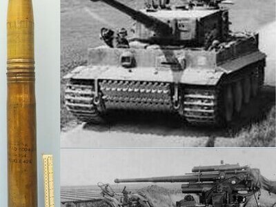DEACTIVATED INERT. WW2, German Tiger 1 Tank, 1944 Dated, Unfired 88mm (88 x 571R) High Explosive (HE) Round for the 88mm Tiger 1 KWK 36 tank gun and the Flak 18 Towed Anti-aircraft/Tank and Naval Guns. Sn - 23265:10 DEACTIVATED INERT. WW2, German Tiger 1 Tank, 1944 Dated, Unfired 88mm (88 x 571R) High Explosive (HE) Round for the 88mm Tiger 1 KWK 36 tank gun and the Flak 18 Towed Anti-aircraft/Tank and Naval Guns. Sn - 23265:10 Various Other Ammunition