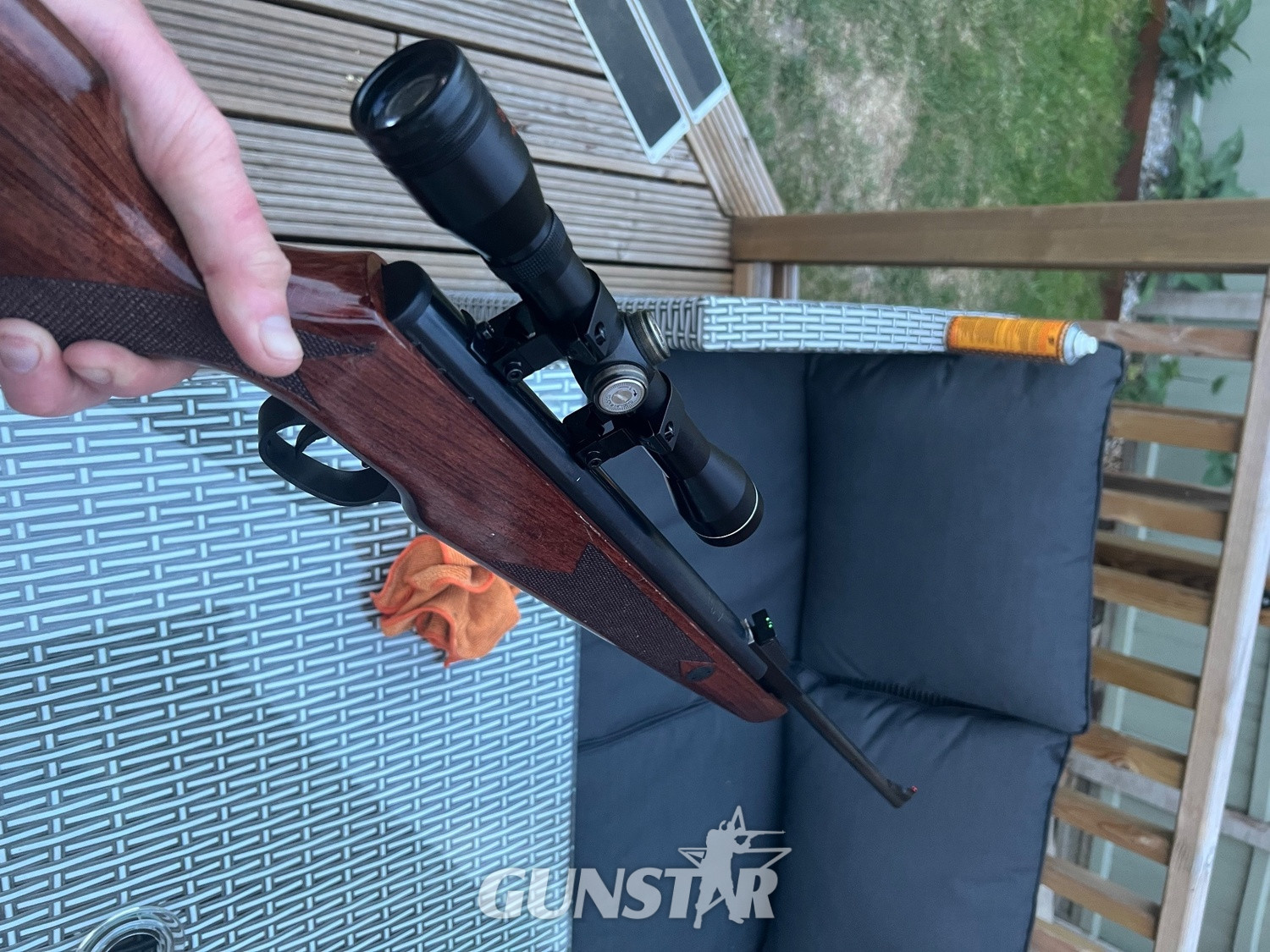 Norica Norica .22 break-barrel air rifle with hardwood stock and telescopic sight. Good overall condition with only minor cosmetic marks from normal use. Fitted with fiber-optic open sights and scope. Cocks and fires correctly. Ideal for target shooting and pest .22 - {CATEGORY}