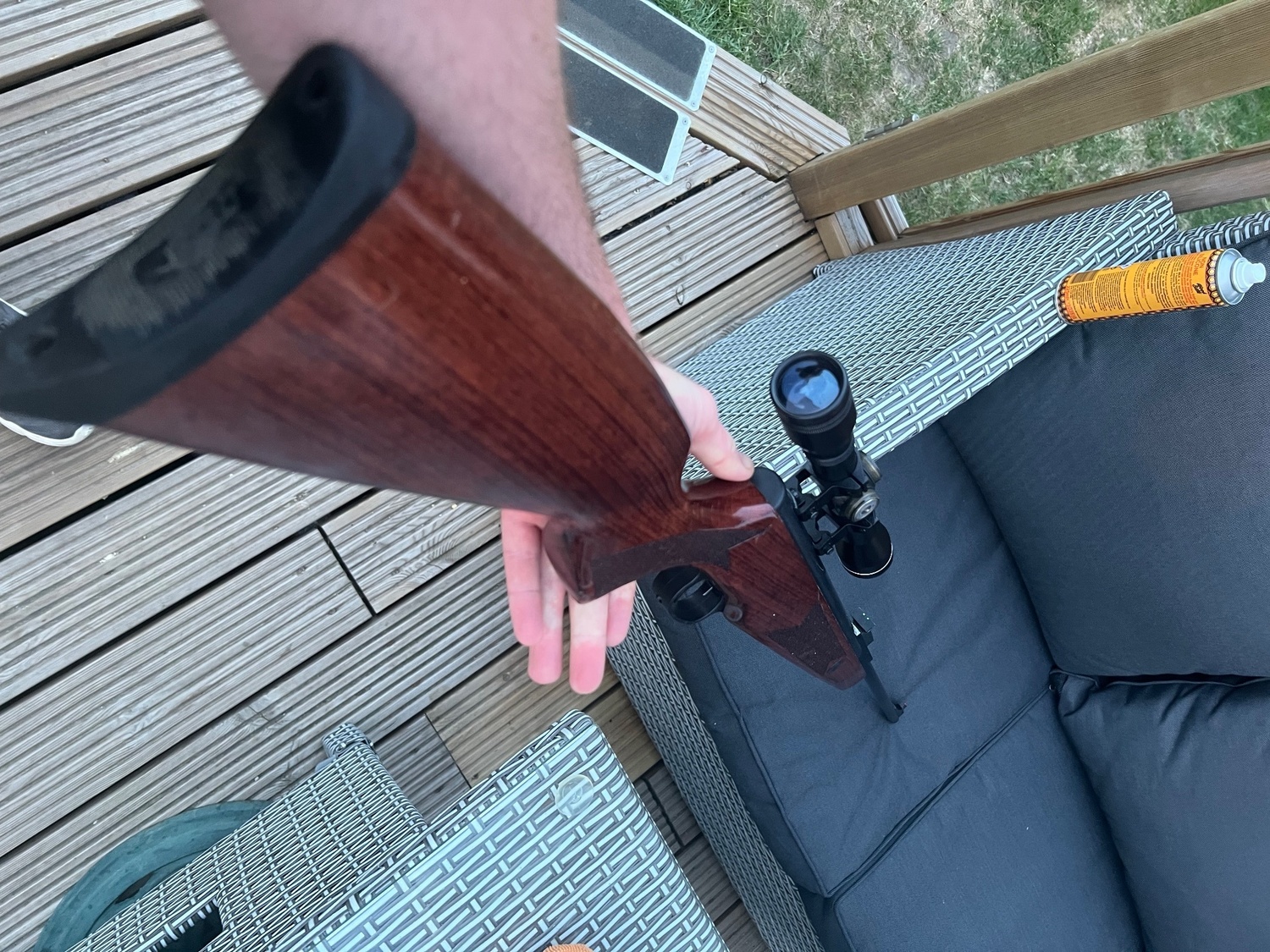 Norica Norica .22 break-barrel air rifle with hardwood stock and telescopic sight. Good overall condition with only minor cosmetic marks from normal use. Fitted with fiber-optic open sights and scope. Cocks and fires correctly. Ideal for target shooting and pest .22 