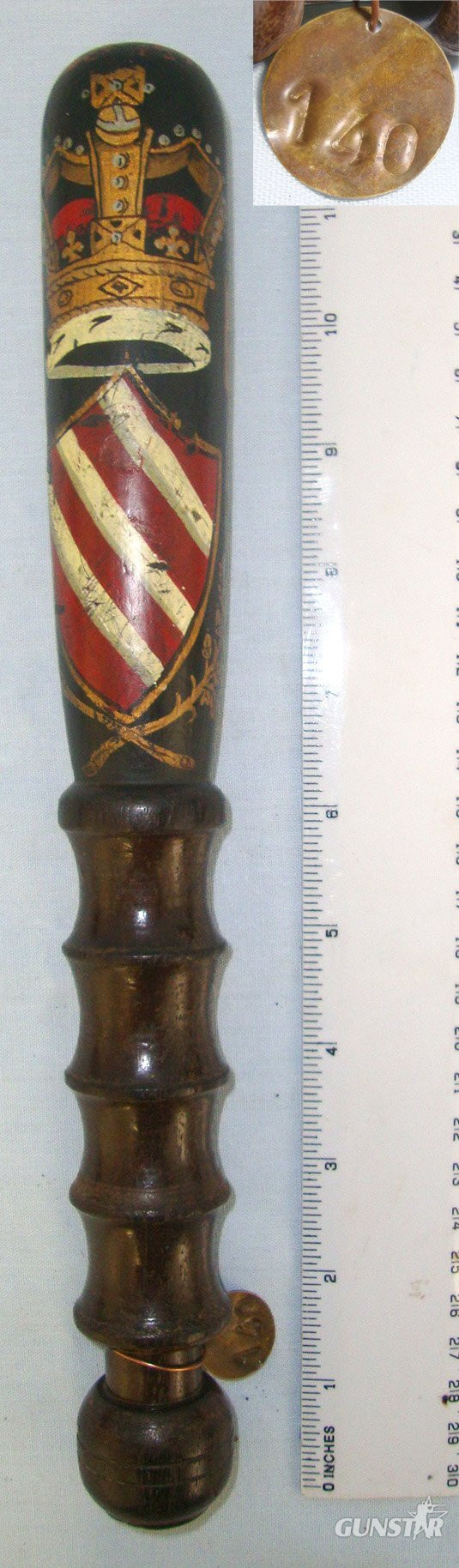 Victorian Era Manchester Police Queen’s Crown Hand Painted Decoration Ebonised Wood Police Truncheon With Collection Number Brass Tag 140 **FROM THE GEORGE RALPH LEYLAND COLLECTION OF TRUNCHEONS & TIPSTAFFS** Sn 22809  Antique & Militaria in 