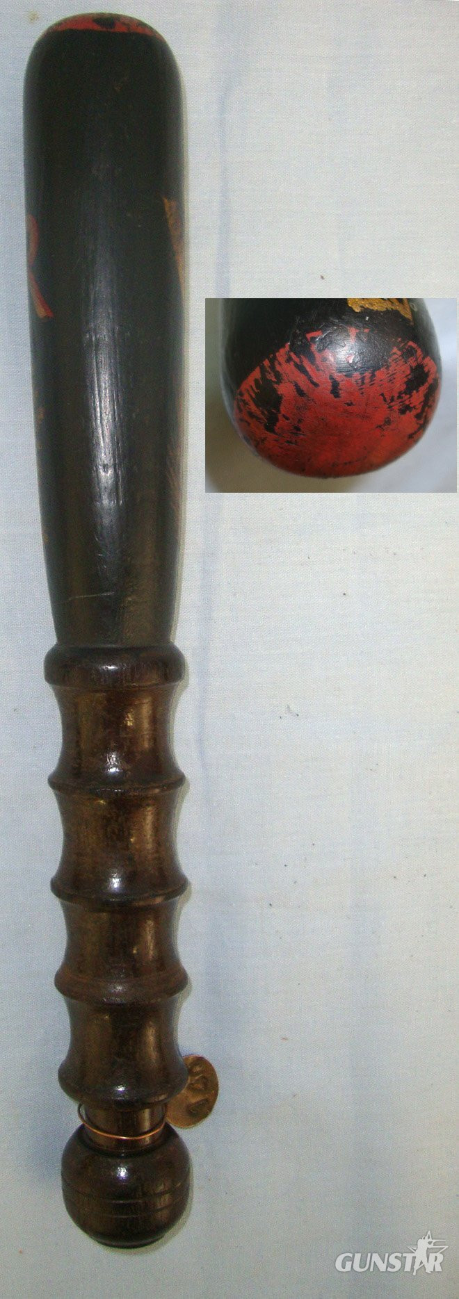  Victorian Era Manchester Police Queen’s Crown Hand Painted Decoration Ebonised Wood Police Truncheon With Collection Number Brass Tag 140 **FROM THE GEORGE RALPH LEYLAND COLLECTION OF TRUNCHEONS & TIPSTAFFS** Sn 22809  Antique & Militaria