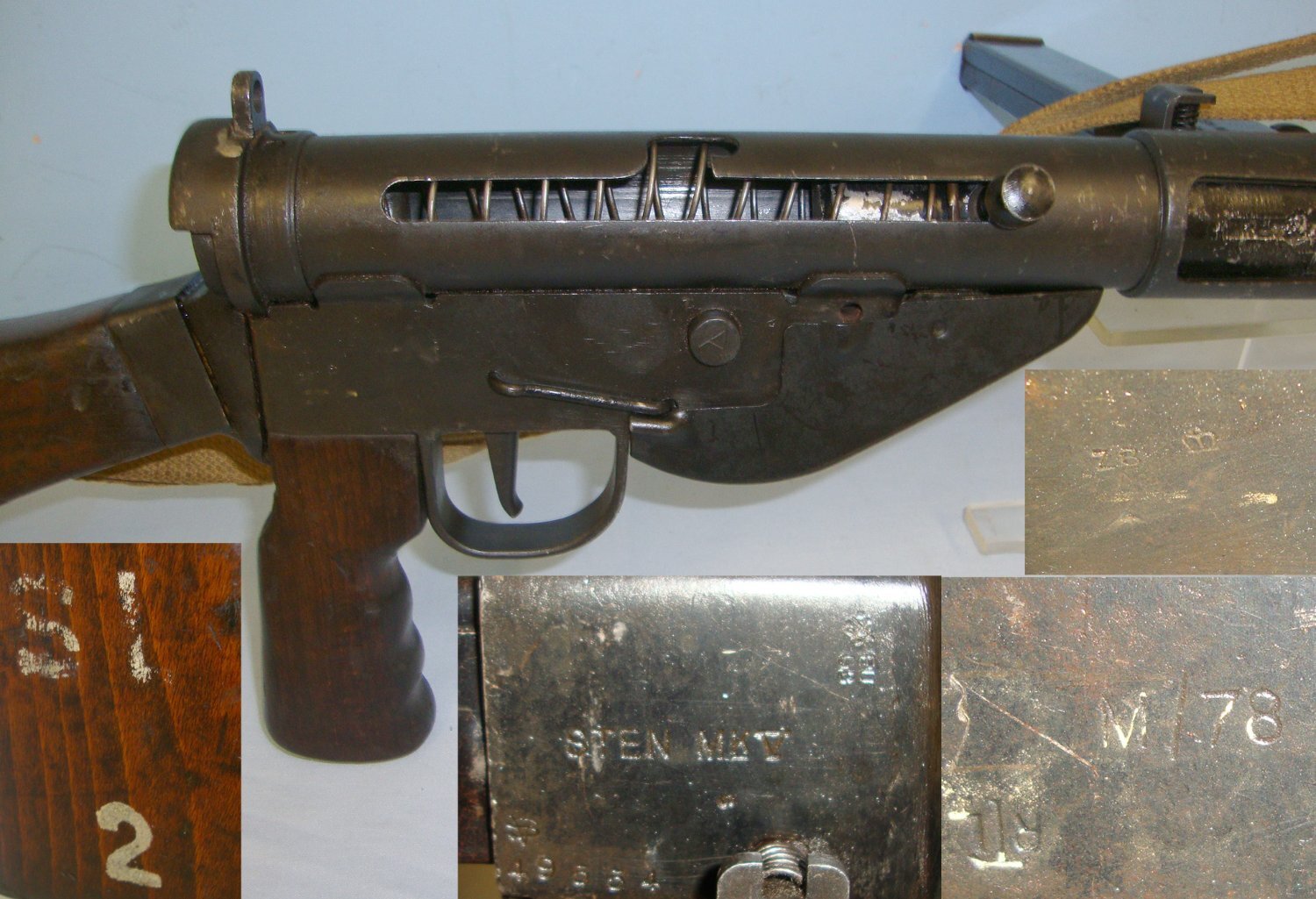 RARE** WW2 British WD Sten MK V 9mm Calibre Sub Machine Gun By M/78 (Elkington & Co Birmingham) With Original 1943 WD Webbing Sling  None Machine Gun